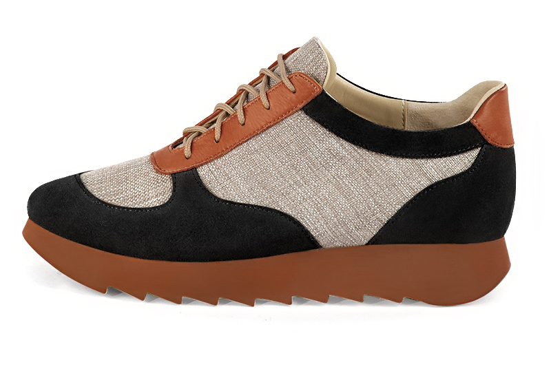 Matt black, natural beige and terracotta orange women's three-tone elegant sneakers. Round toe. Low rubber soles. Profile view - Florence KOOIJMAN